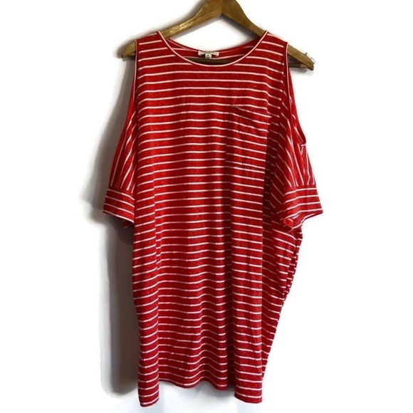 UMGEE Red Striped Cold Shoulder Lace Tunic Blouse Shirt Swim Coverup Pockets M - Picture 2 of 14